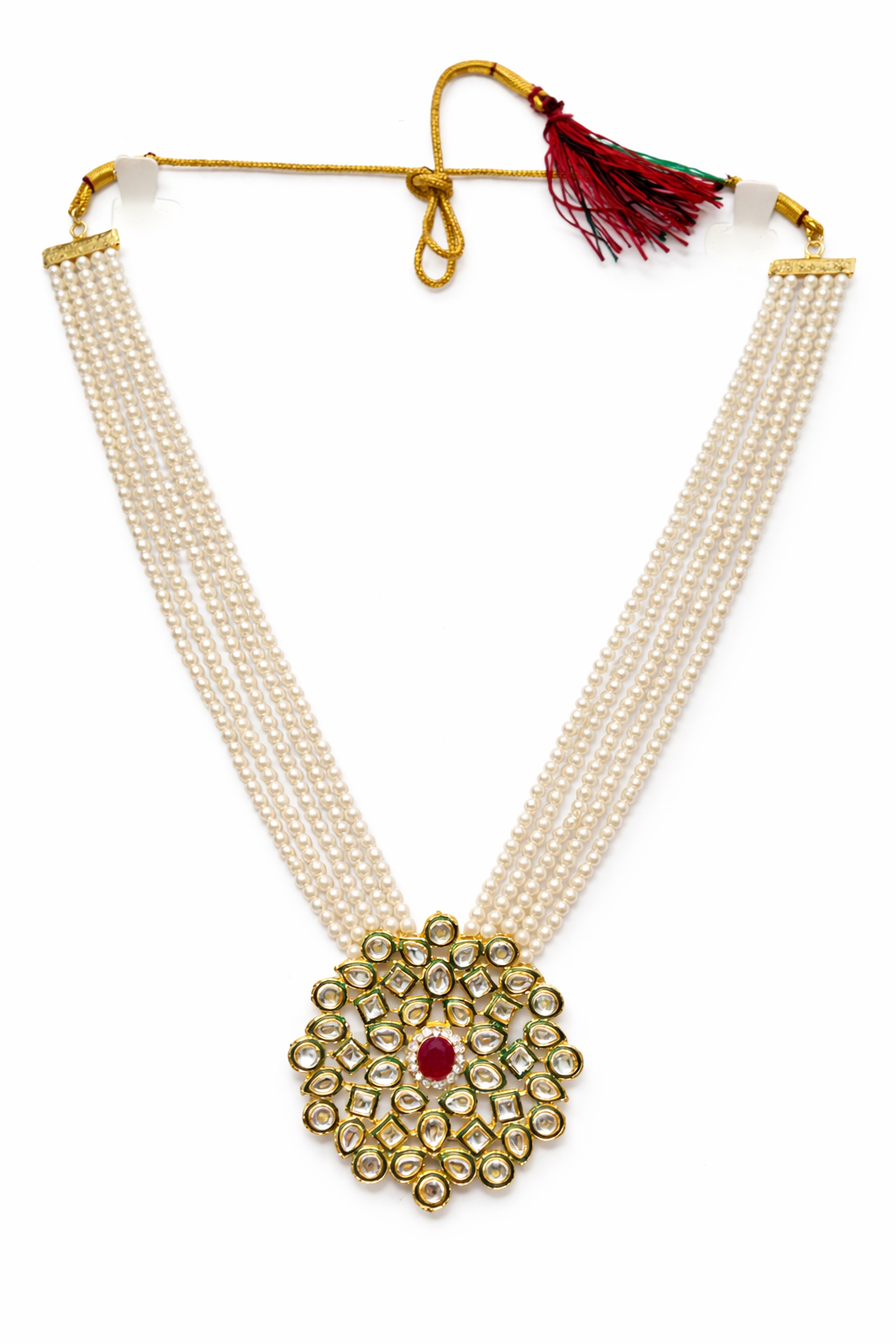 Gold-Plated Pearl Kundan Necklace Set with Earrings & Ring