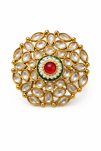 Gold-Plated Pearl Kundan Necklace Set with Earrings & Ring