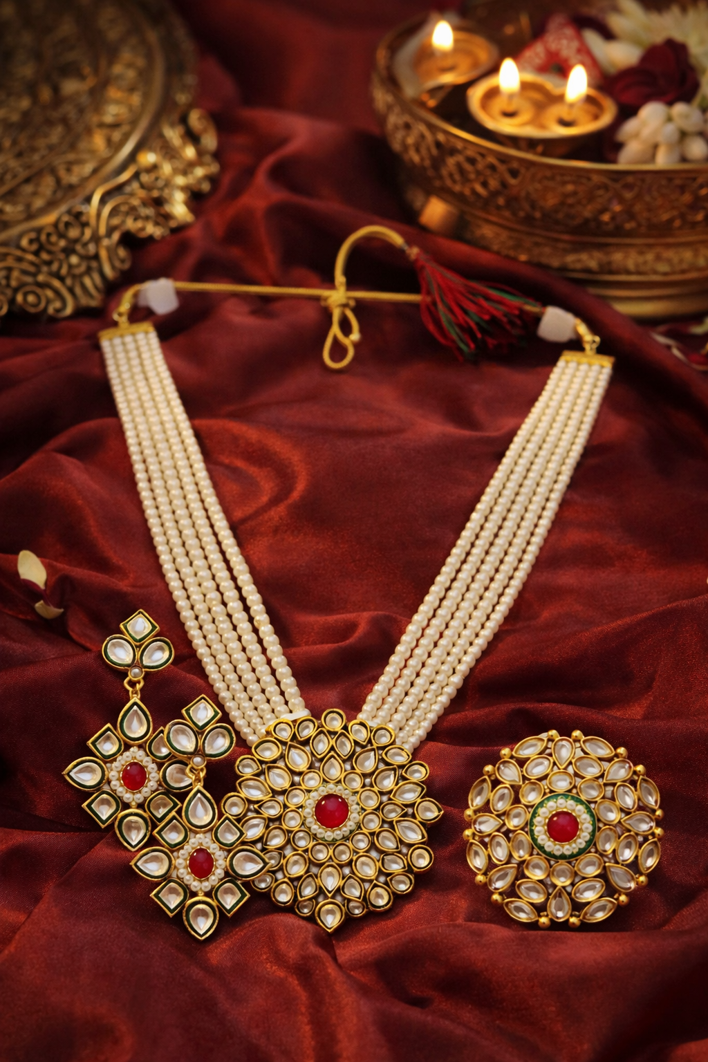 Gold-Plated Pearl Kundan Necklace Set with Earrings & Ring