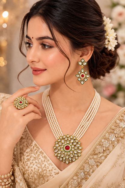 Gold-Plated Pearl Kundan Necklace Set with Earrings & Ring