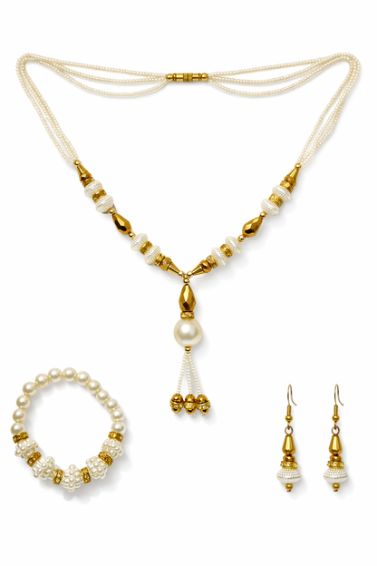 Gold-Plated Pearl Necklace Set with Earrings & Bracelet
