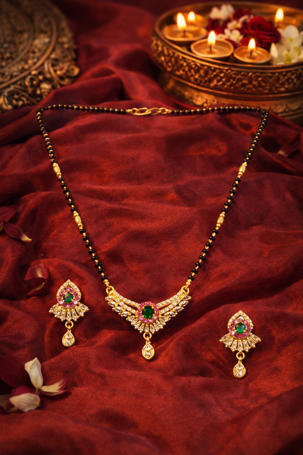 Gold-Plated Green Stone AD Mangalsutra Necklace Set with Earrings