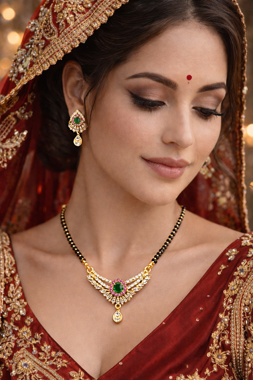 Gold-Plated Green Stone AD Mangalsutra Necklace Set with Earrings