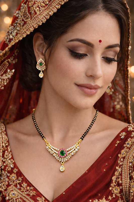 Gold-Plated Green Stone AD Mangalsutra Necklace Set with Earrings