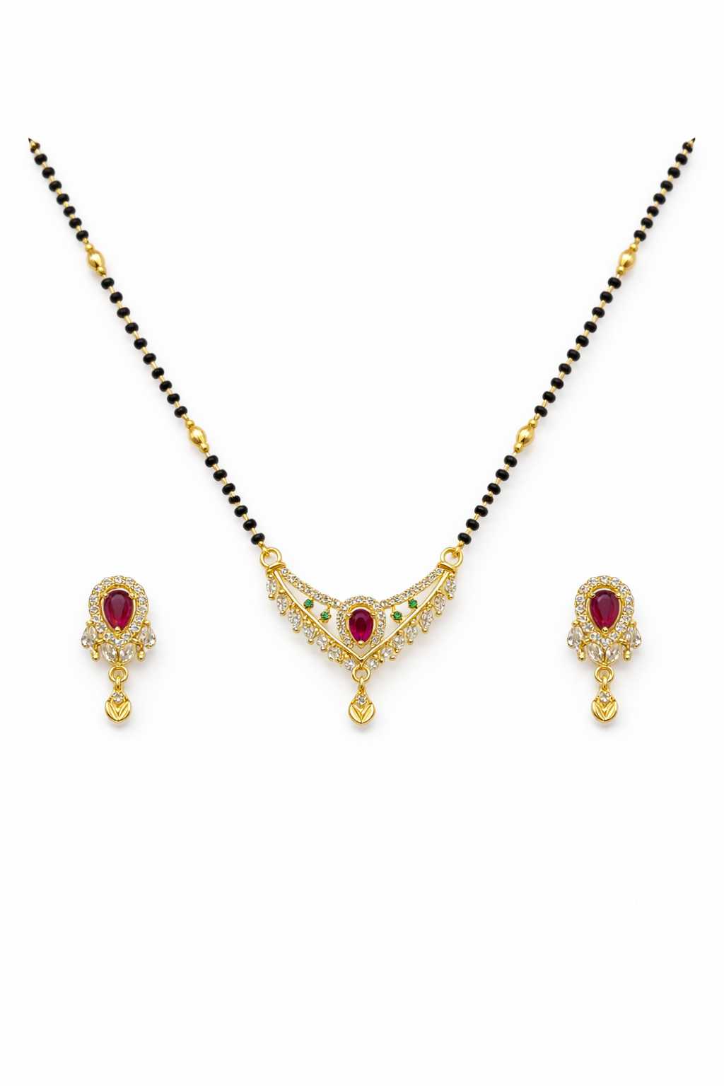 Gold-Plated Red & Green Stone AD Mangalsutra Necklace Set with Earrings