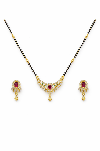 Gold-Plated Red & Green Stone AD Mangalsutra Necklace Set with Earrings