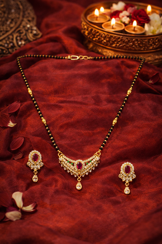 Gold-Plated Red & Green Stone AD Mangalsutra Necklace Set with Earrings