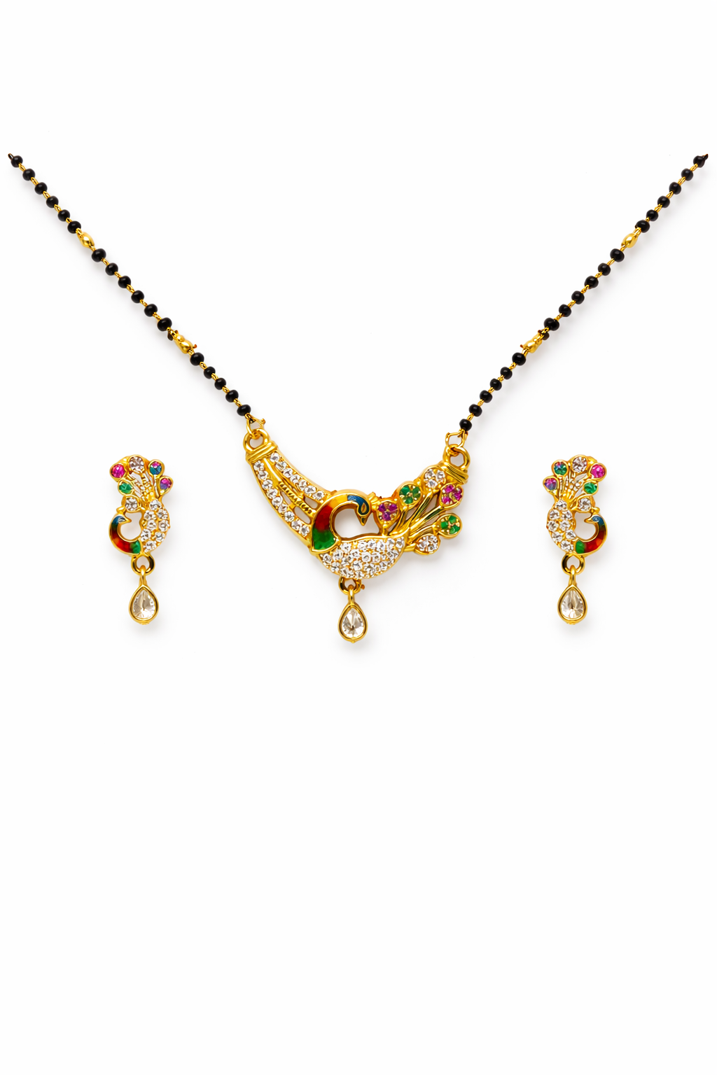 Gold-Plated Multicolor Peacock Design AD Mangalsutra Necklace Set with Earrings