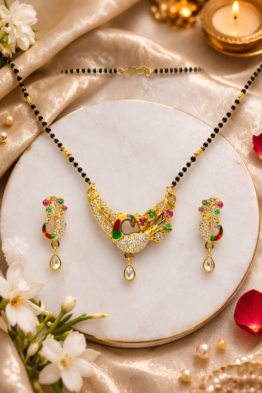 Gold-Plated Multicolor Peacock Design AD Mangalsutra Necklace Set with Earrings