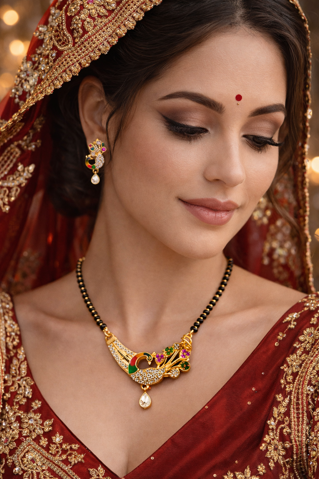 Gold-Plated Multicolor Peacock Design AD Mangalsutra Necklace Set with Earrings