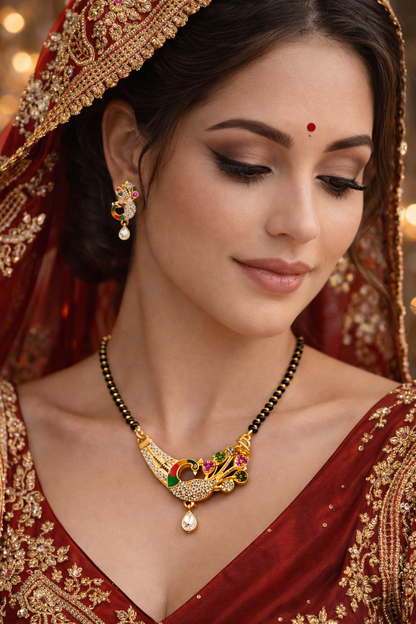 Gold-Plated Multicolor Peacock Design AD Mangalsutra Necklace Set with Earrings