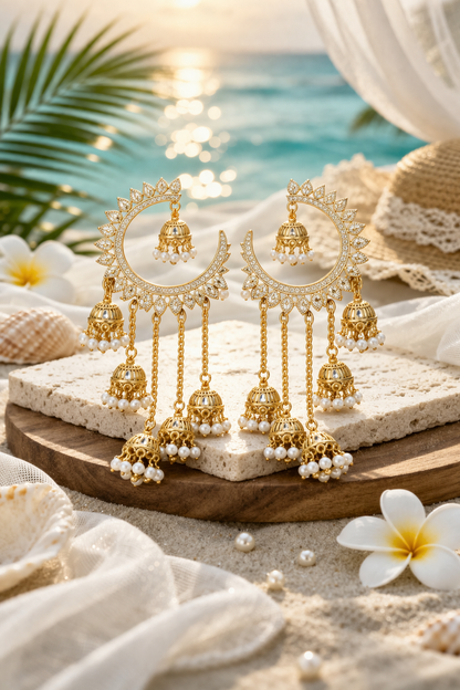 Gold-Tone Chandbali Earrings with White Pearl Beads & Jhumka Drops