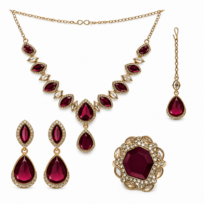 Gold-Plated Deep Wine Stone Necklace Set with Earrings, Maang Tikka & Ring