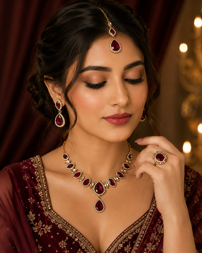 Gold-Plated Deep Wine Stone Necklace Set with Earrings, Maang Tikka & Ring