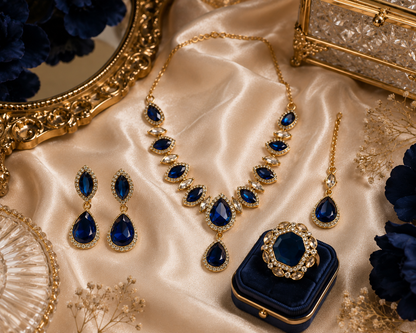 Gold-Plated Royal Blue Stone Necklace Set with Earrings, Maang Tikka & Ring