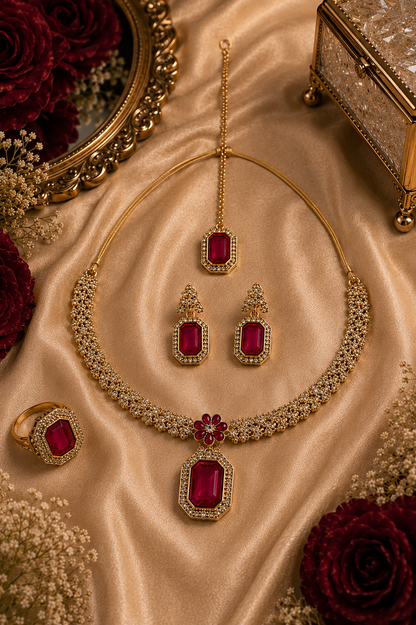 Gold-Plated Maroon Red Ruby Stone Necklace Set with Earrings, Maang Tikka & Ring