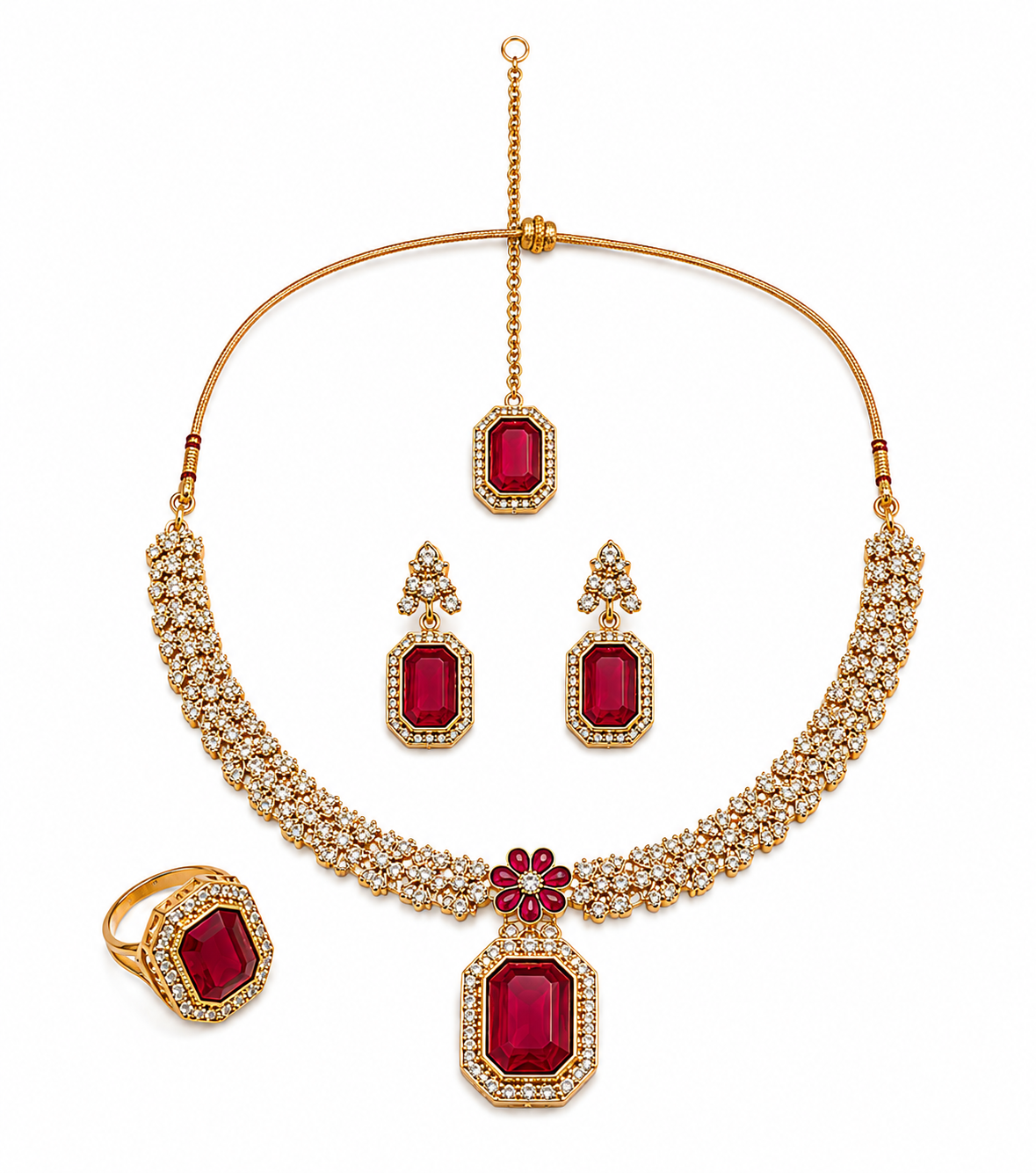 Gold-Plated Maroon Red Ruby Stone Necklace Set with Earrings, Maang Tikka & Ring
