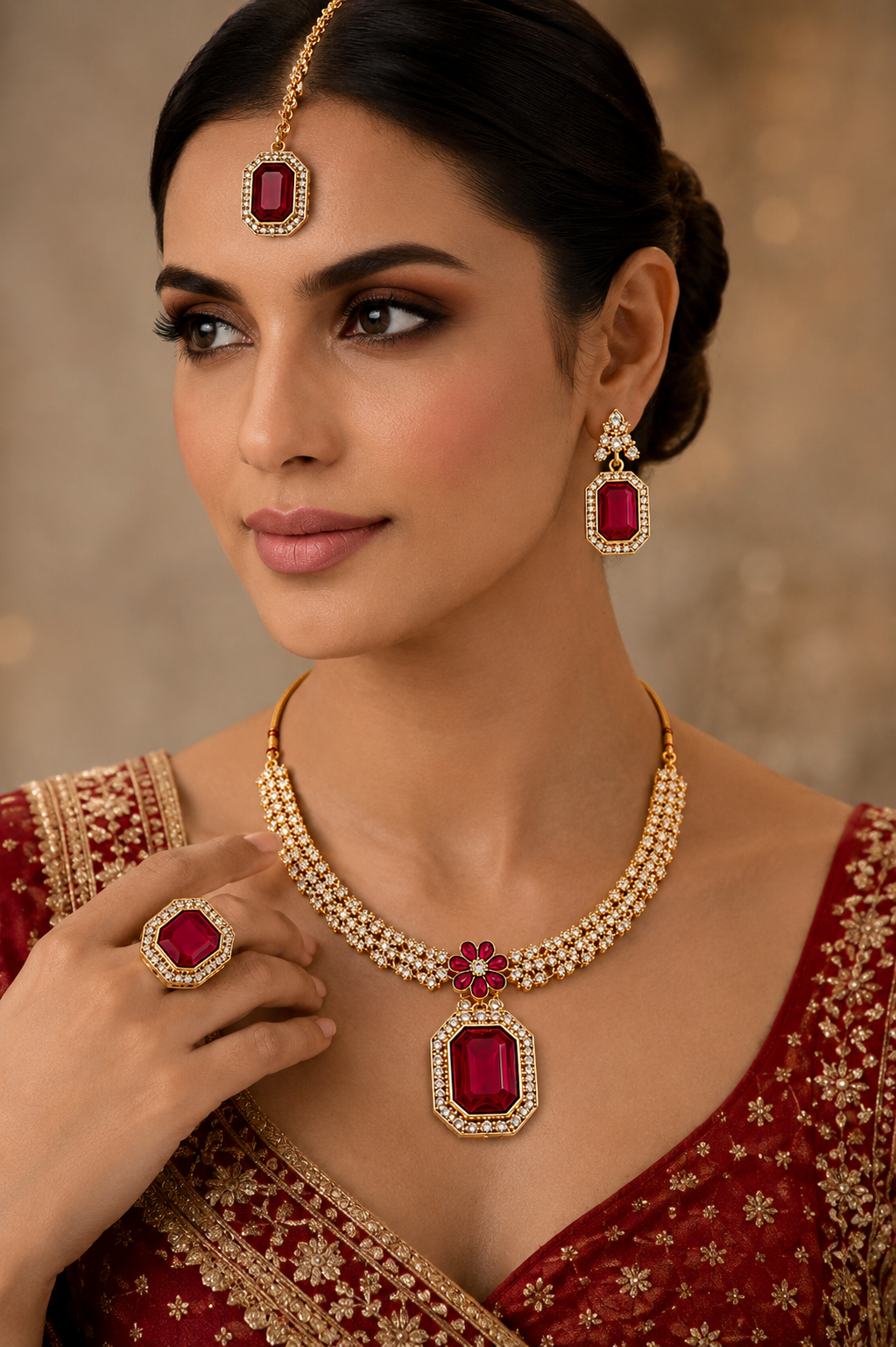 Gold-Plated Maroon Red Ruby Stone Necklace Set with Earrings, Maang Tikka & Ring