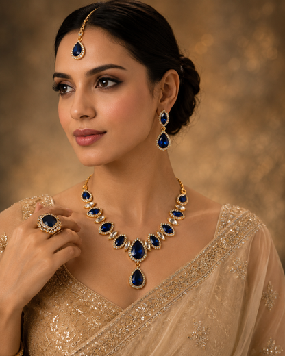 Gold-Plated Royal Blue Stone Necklace Set with Earrings, Maang Tikka & Ring