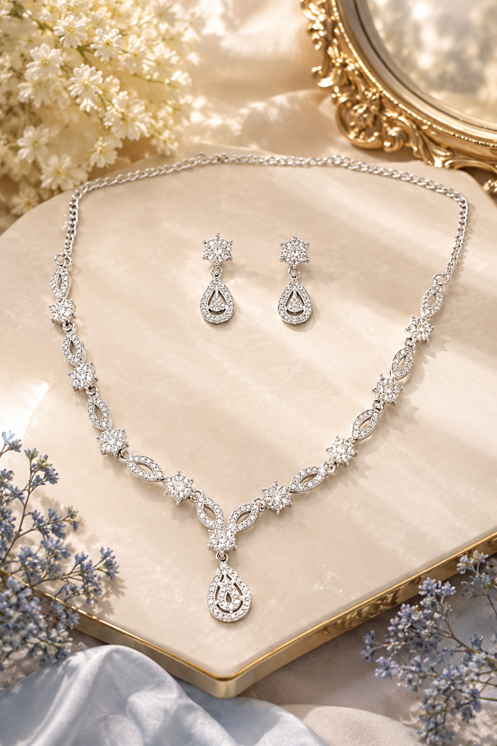 Silver Crystal Teardrop Necklace Set for Women