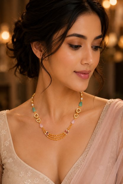 Gold-Plated Multicolor Bead Chain Heart Charm Layered Necklace