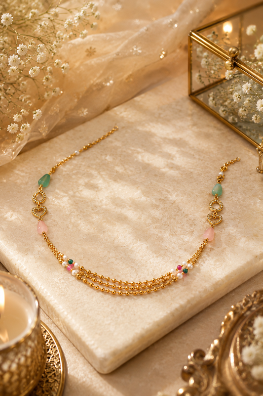 Gold-Plated Multicolor Bead Chain Heart Charm Layered Necklace