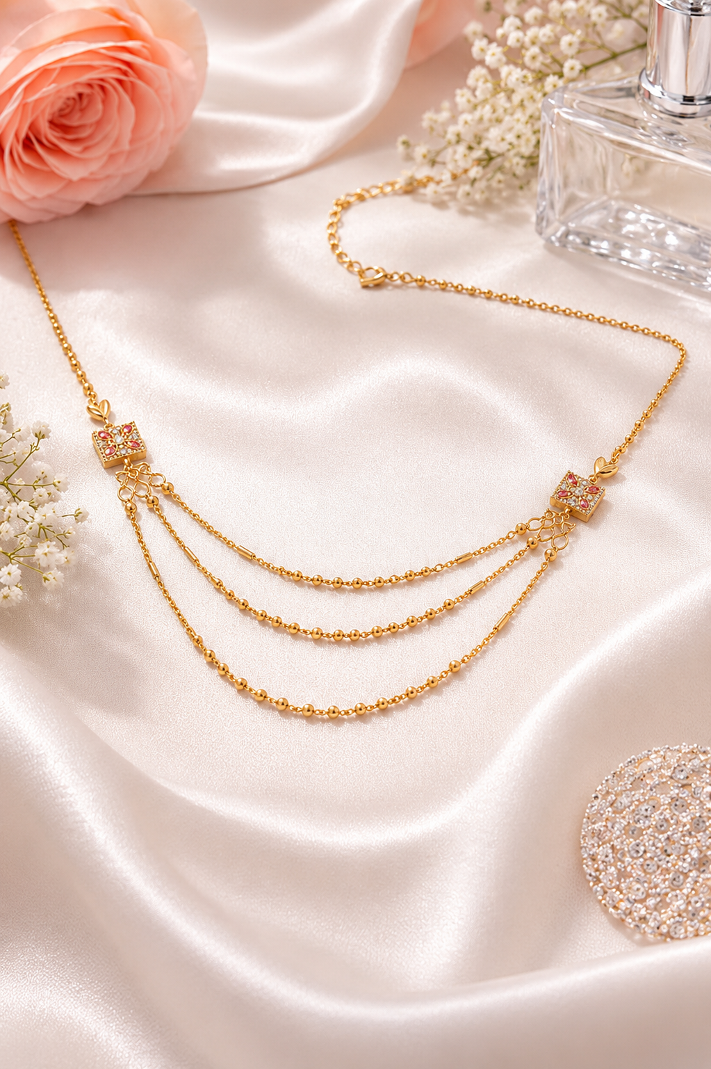 Gold-Plated AD Multi Layered Chain Necklace with Crystal Accents