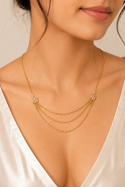 Gold-Plated AD Multi Layered Chain Necklace with Crystal Accents