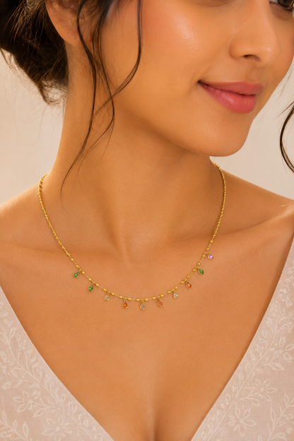 Gold-Plated Multicolor Teardrop Charm Minimal Chain Necklace