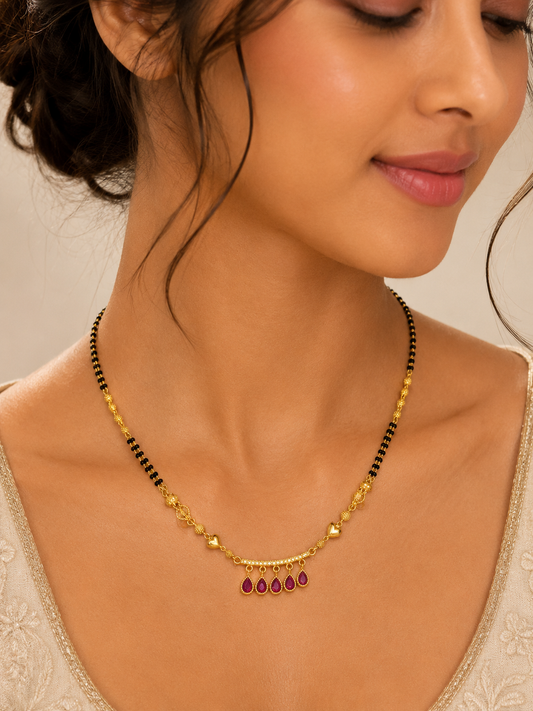 Gold-Plated Red Leaf Drop AD Mangalsutra Necklace