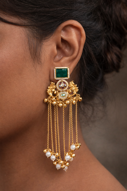 Gold-Plated Green Stone Chandelier Earrings with Pearl Drops