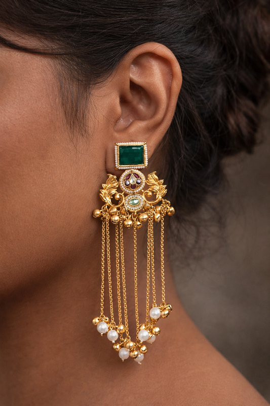 Gold-Plated Green Stone Chandelier Earrings with Pearl Drops