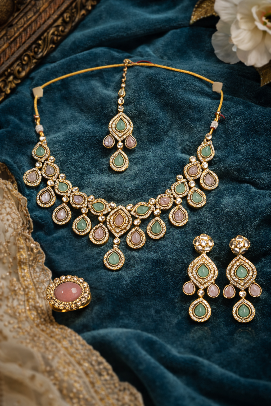 Gold-Plated Pastel Stone Kundan Necklace Set with Earrings, Maang Tikka & Ring