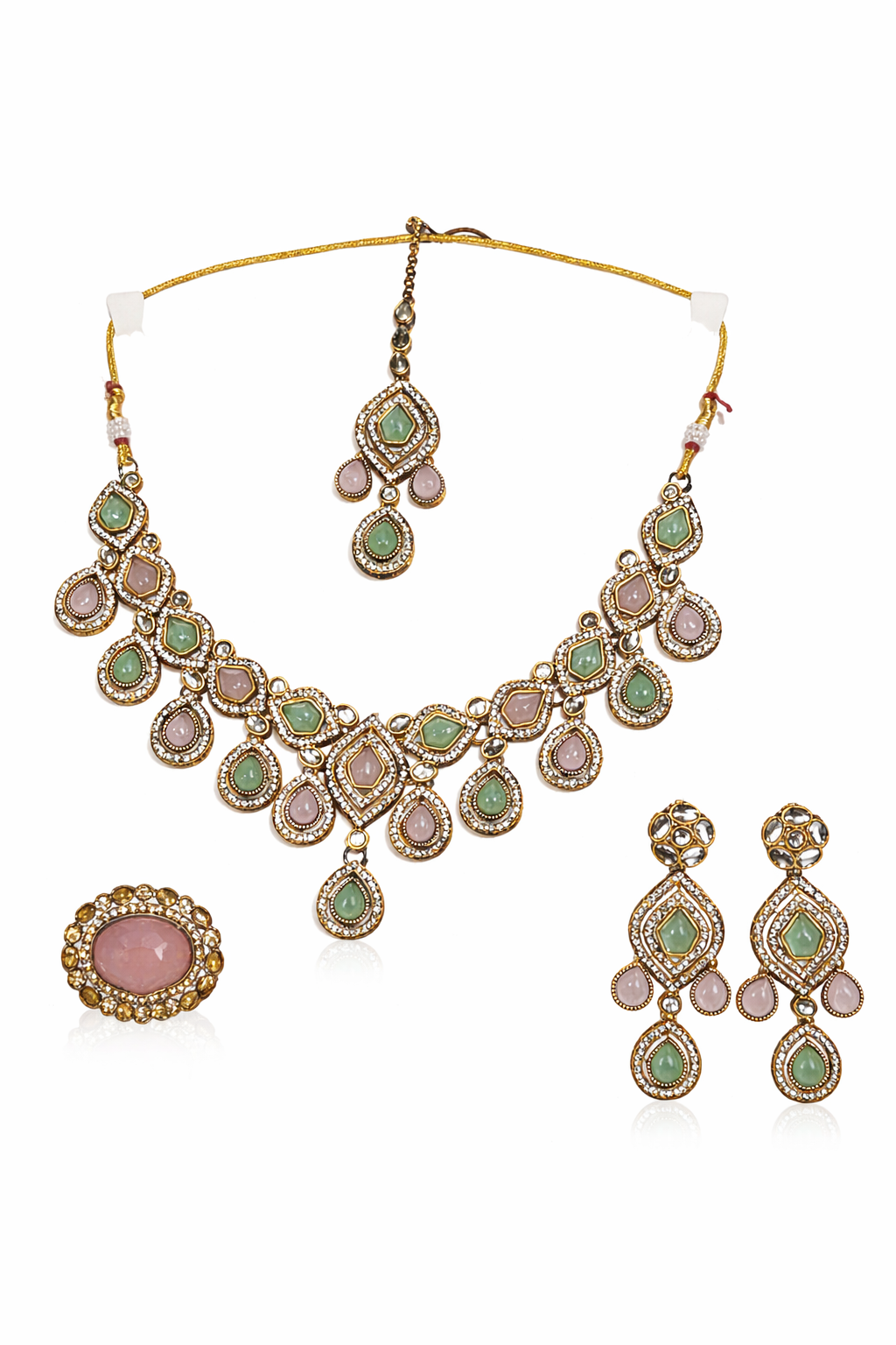 Gold-Plated Pastel Stone Kundan Necklace Set with Earrings, Maang Tikka & Ring