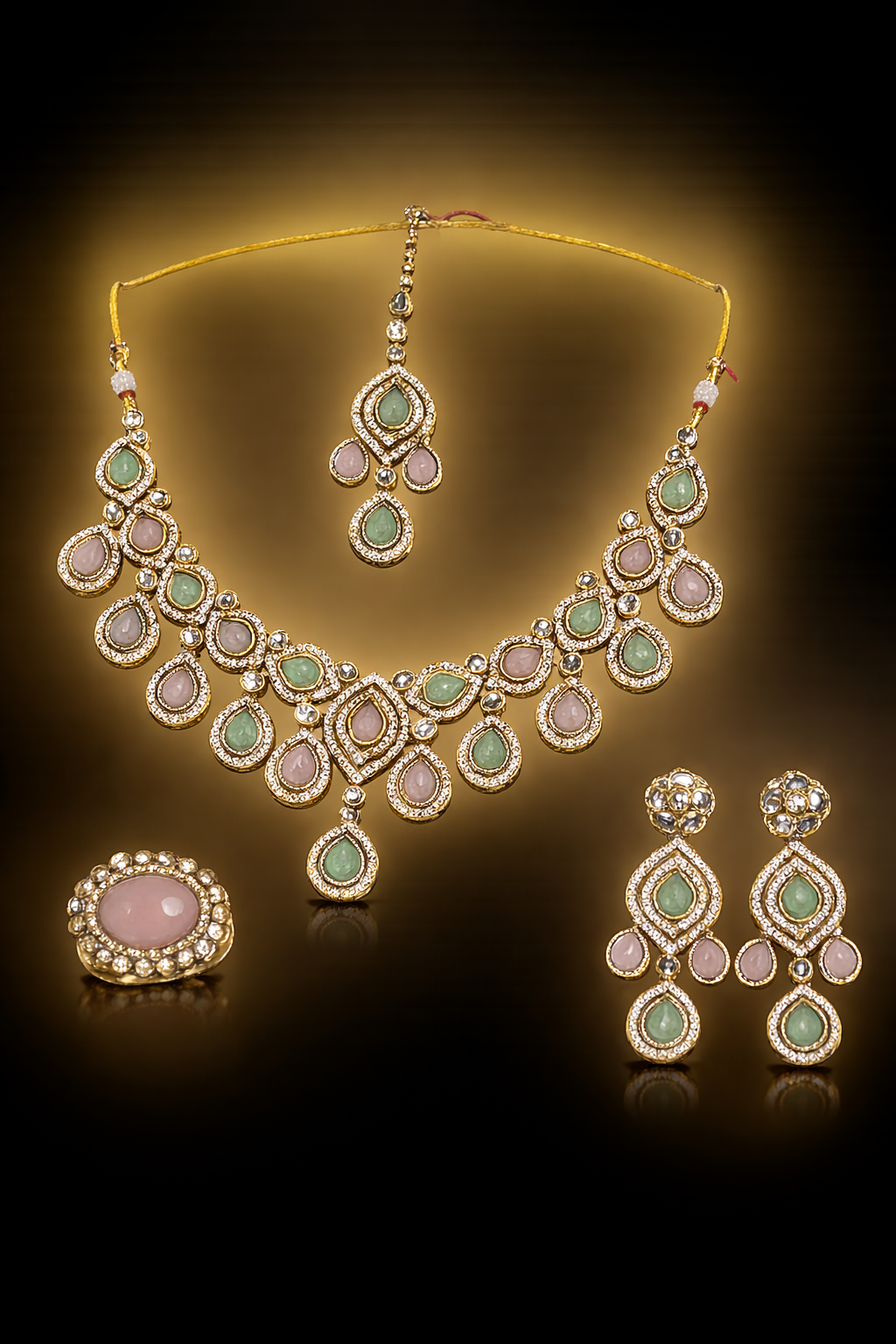 Gold-Plated Pastel Stone Kundan Necklace Set with Earrings, Maang Tikka & Ring