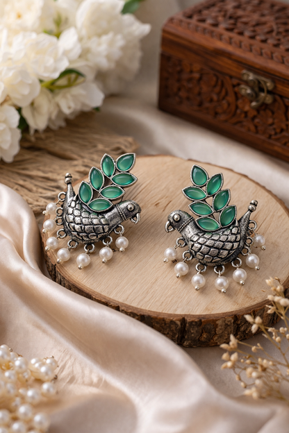 Oxidised Silver Bird Design Earrings with Emerald Green Stones & Pearl Drops for Women