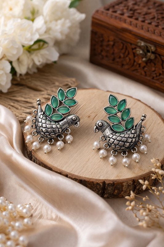 Oxidised Silver Bird Design Earrings with Emerald Green Stones & Pearl Drops for Women