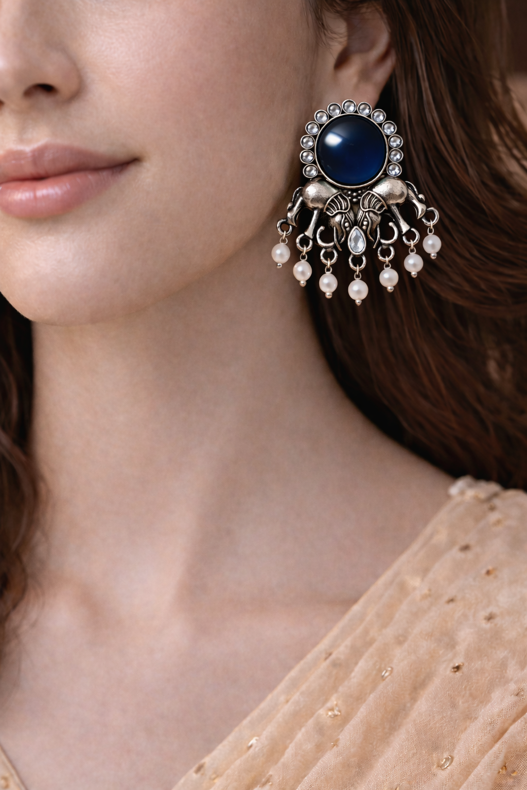 Oxidised Elephant Pearl Drop Earrings with Blue Stone