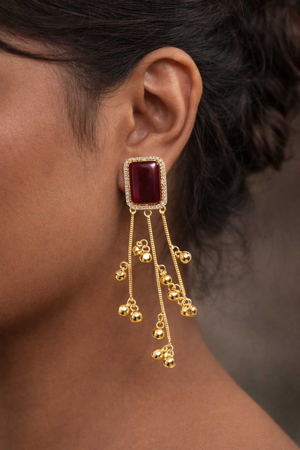 Gold-Plated Red Stone Tassel Drop Earrings with Dangling Beads