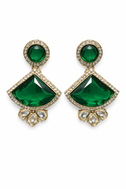 Gold-Plated Green Stone Necklace Set with Earrings, Maang Tikka & Ring