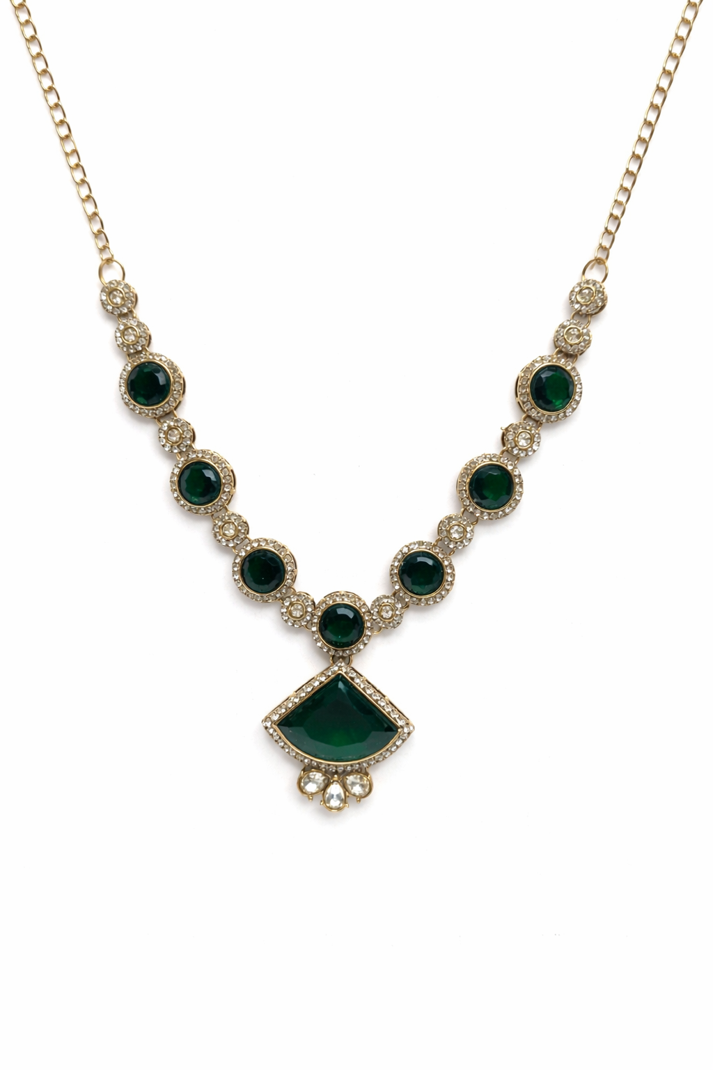 Gold-Plated Green Stone Necklace Set with Earrings, Maang Tikka & Ring
