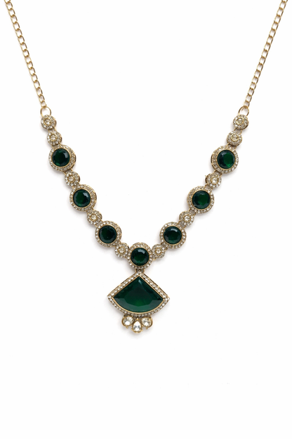 Gold-Plated Green Stone Necklace Set with Earrings, Maang Tikka & Ring