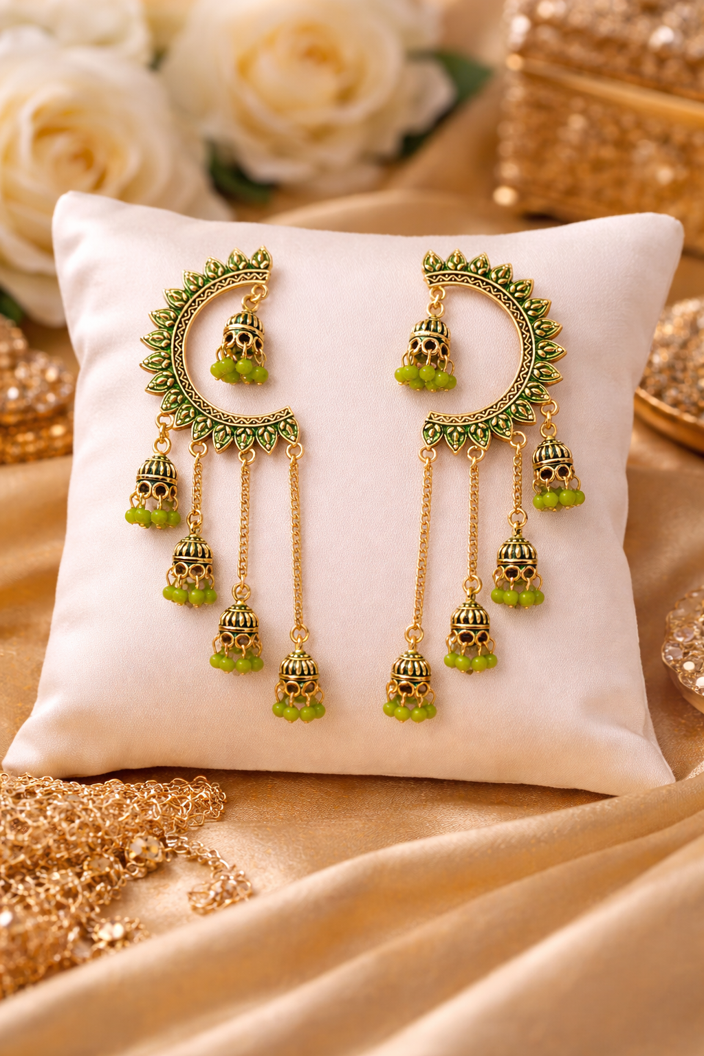 Gold-Tone Crescent Chandbali Earrings with Green Beads