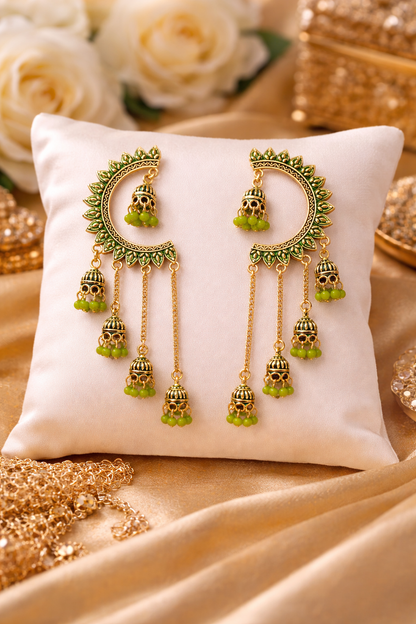 Gold-Tone Crescent Chandbali Earrings with Green Beads