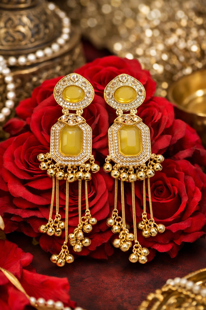 Gold-Plated Yellow Stone Chandelier Drop Earrings with Beaded Tassels