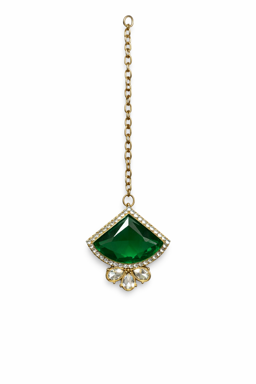 Gold-Plated Green Stone Necklace Set with Earrings, Maang Tikka & Ring