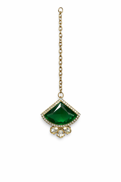 Gold-Plated Green Stone Necklace Set with Earrings, Maang Tikka & Ring
