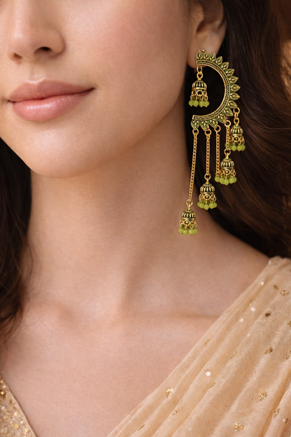 Gold-Tone Crescent Chandbali Earrings with Green Beads
