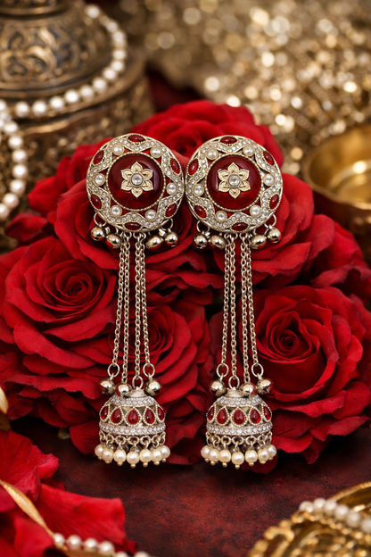 Gold-Plated Red Stone Jhumka Drop Earrings with Pearl Dangling Beads