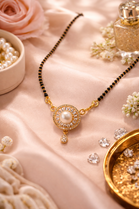 Gold-Plated Pearl AD Mangalsutra Necklace with Black Beads